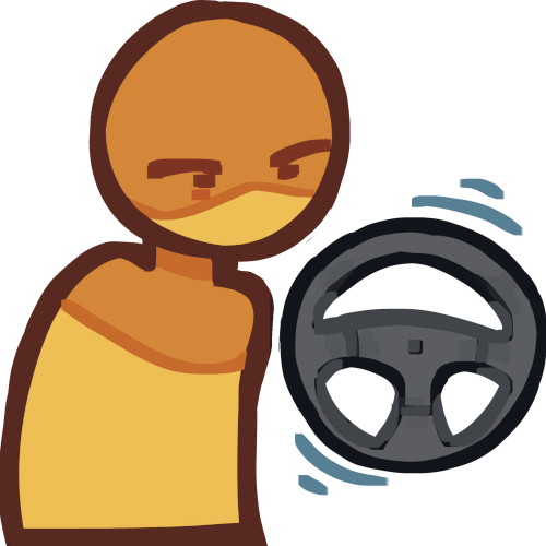 an emoji yellow figure looking towards the ground. beside them is a steering wheel with motion lines around it.